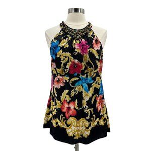 Vintage Cache Womens XL Top Silk Floral Beaded Multicolor Sleeveless Y2K Party